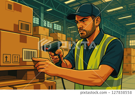 Warehouse worker scanning barcodes on packages for shipping Warehouse worker scanning barcodes on packages for shipping 127838558