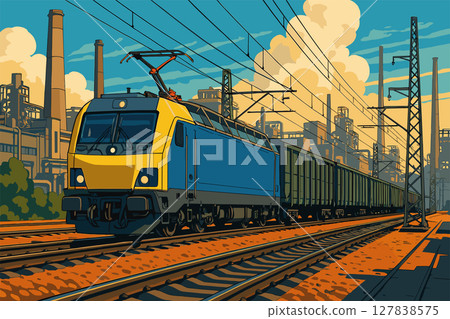 Modern electric cargo train passing through industrial zone 127838575