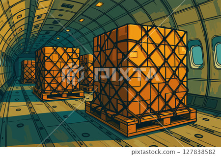 Interior of cargo plane with pallets secured for delivery 127838582