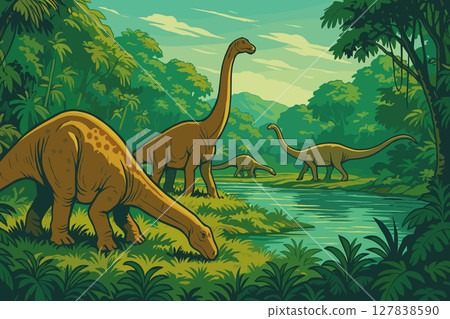 Dinosaurs grazing near jungle riverbank in late Jurassic period Dinosaurs grazing near jungle riverbank in late Jurassic period 127838590