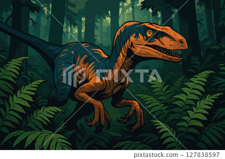 Velociraptor hunting in tall ferns of dense prehistoric forest 127838597