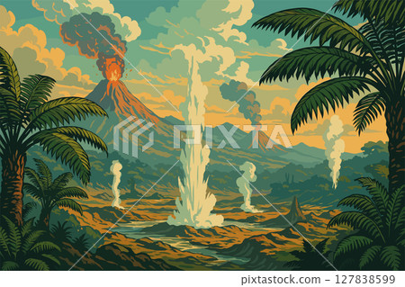 Dramatic prehistoric landscape with volcanoes, geysers, and giant tree ferns 127838599