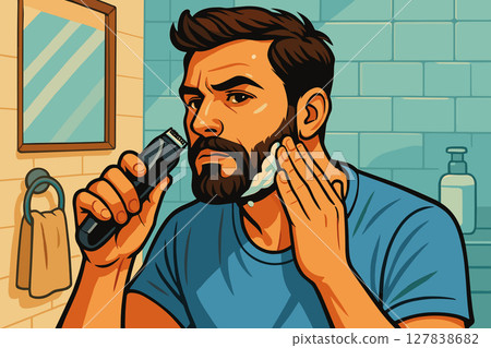 Man trimming beard while moisturizing his jawline Man trimming beard while moisturizing his jawline 127838682