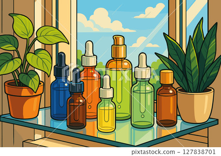 Glass shelf with serums, oils, and plants near window 127838701