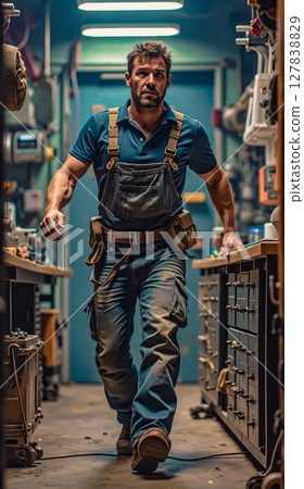 A working class guy in a workshop. A workshop worker in overalls walks quickly through the workshop among the workbenches. A working class guy in a workshop. A workshop worker in overalls walks quickly through the workshop among the workbenches. 127838829