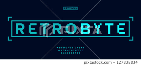 Cyberpunk pixel alphabet, geometric digital numbers letters set, retro gaming font with bold LED style, matrix typeface for tech video game headline, arcade console typography. Vector typeset. Cyberpunk pixel alphabet, geometric digital numbers letters set, retro gaming font with bold LED style, matrix typeface for tech video game headline, arcade console typography. Vector typeset. 127838834