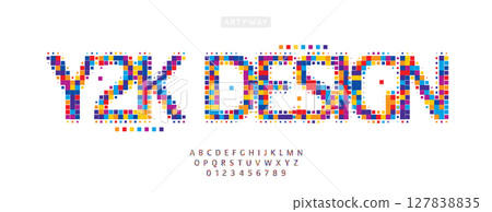 Y2K pixel alphabet, colorful playful mosaic font with funky glitch effect, multicolor digital typeface for nostalgic pop headline, vibrant music logo, abstract typographic art. Vector typeset. 127838835