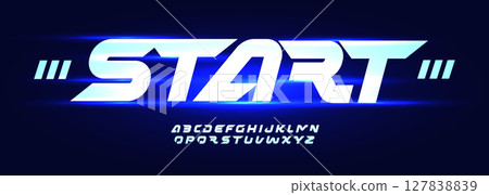 Futuristic tech alphabet, sharp digital bold slanted italic letter set, bold robotic font for space game logo, speed AI headline, dynamic typography, modern future space app design. Vector typeset. 127838839