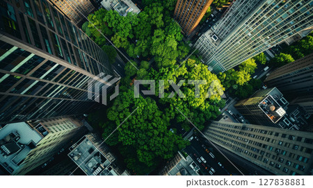 Aerial view of green trees amid city skyscrapers, urban jungle concept, vibrant nature-city blend. 127838881