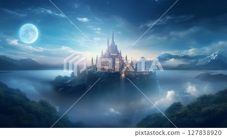 Fantasy magic castle glowing dreamlike floating fantasy. castle in the sky surrounded by magical lights and surreal landscape. Cinematic, high-resolution artwork. 127838920