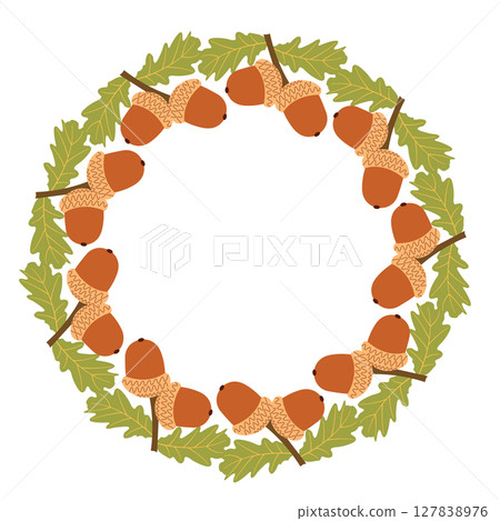 Autumn nature flat frame with acorns and green leaves for seasonal projects. Hand drawn vector illustration for banners, cards, social media Autumn nature flat frame with acorns and green leaves for seasonal projects. Hand drawn vector illustration for banners, cards, social media 127838976
