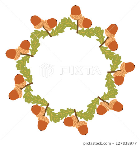 Fall season flat frame with acorns and green leaves in modern vector style. Hand drawn set for banners, cards, social media 127838977