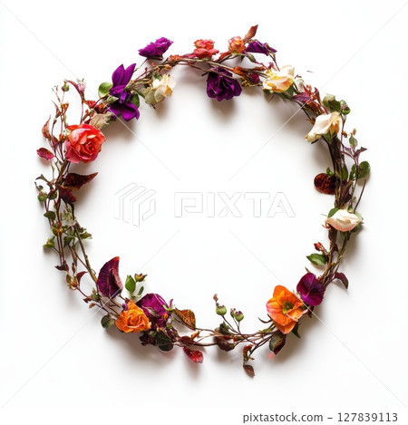 Beautiful Dried Flower Wreath Autumn Colors Floral Circle Design art pink fall roses white frame 127839113