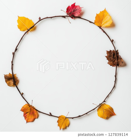 Autumn Leaves Circle Frame Natural Branch Design Fall Decor red art twig brown image yellow orange 127839114