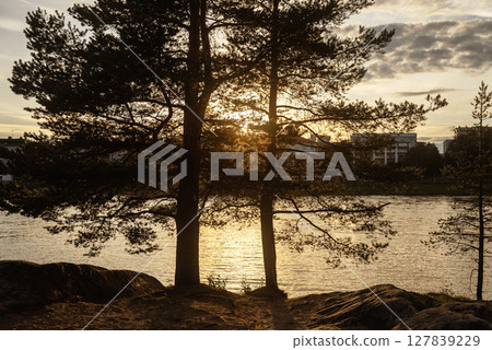 Beautiful sunny city sunset in Rovaniemi Finland. Polar day in Lapland. View of the river and residential area. Forest trees. Traveling north. Urban. The glare of the sun on the water Beautiful sunny city sunset in Rovaniemi Finland. Polar day in Lapland. View of the river and residential area. Forest trees. Traveling north. Urban. The glare of the sun on the water 127839229