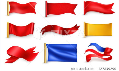 Realistic Red Blue Gold Ribbons Banners Flags Set Design Elements tag silk wave sale shiny curve 127839290