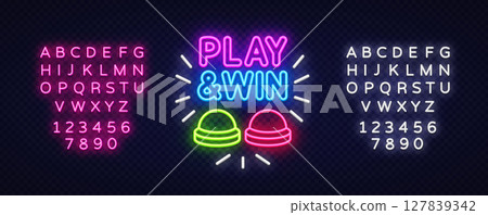 Two colorful buzzers underlined by the phrase PLAY WIN. Surrounded by radiating neon lines. 127839342