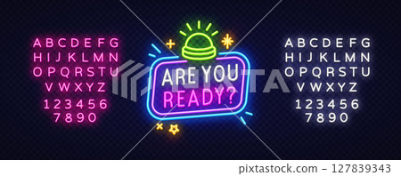 Vibrant glowing buzzer and stars decorate the sign ARE YOU READY. in stacked colorful neon lettering. Ideal for countdown intros or interactive scenes Vibrant glowing buzzer and stars decorate the sign ARE YOU READY. in stacked colorful neon lettering. Ideal for countdown intros or interactive scenes 127839343
