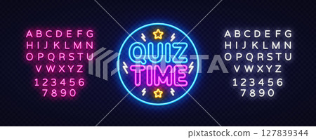 Quiz vector badge with colorful letters. Neon style phrase QUIZ TIME with glowing alphabet and numbers on transparent background.  127839344