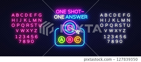 Trivia vector icon with target and letters. Neon illustration shows phrase ONE SHOT ONE ANSWER and answer buttons ABC on transparent grid 127839350