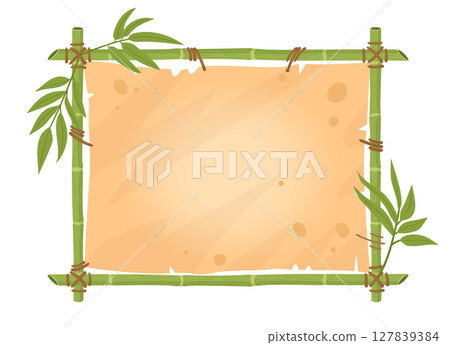 Bamboo frame. Wooden planks exotic sign, jungle border with bamboo sticks, parchment paper and leaves flat vector illustration. Cartoon bamboo sign board on white 127839384
