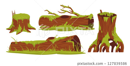 Cartoon moss plants on wood trunks. Swamp green moss, rainy forest lichen and fungus plants growing on rotten wooden stumps flat vector illustration set. Moss plants collection Cartoon moss plants on wood trunks. Swamp green moss, rainy forest lichen and fungus plants growing on rotten wooden stumps flat vector illustration set. Moss plants collection 127839386