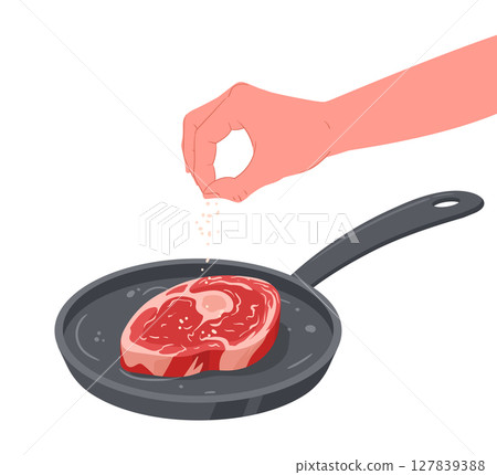 Grilling steak salting. Hand salting roasted meat semi-finished product, beef steak cooking process flat vector illustration. Cartoon cooking meat steak Grilling steak salting. Hand salting roasted meat semi-finished product, beef steak cooking process flat vector illustration. Cartoon cooking meat steak 127839388