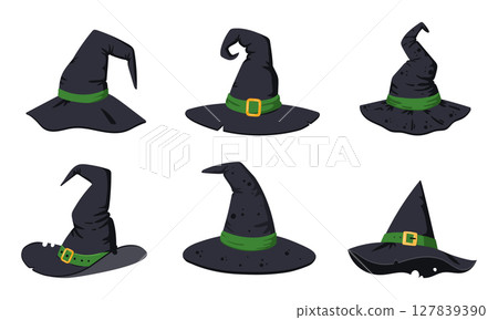 Halloween witch hats. Halloween wizard spooky textile hats, party costume elements flat vector illustrations set. Cartoon witchcraft hats collection Halloween witch hats. Halloween wizard spooky textile hats, party costume elements flat vector illustrations set. Cartoon witchcraft hats collection 127839390