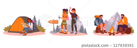 Outdoor hiking people. Active characters trekking and camping, outdoor adventure, hiking and backpacking flat vector illustration set. Cartoon tourists collection 127839391