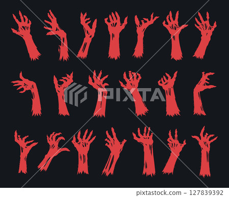 Spooky monsters hands. Halloween zombie arms, bony zombie hands silhouettes flat vector illustration set. Living dead characters limbs collection 127839392