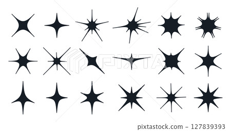 Star sparks. Shiny Y2K stars, magical twinkles and doodle stars, retro shimmering sparks elements flat vector illustration set. Glittering y2k flashlights silhouettes Star sparks. Shiny Y2K stars, magical twinkles and doodle stars, retro shimmering sparks elements flat vector illustration set. Glittering y2k flashlights silhouettes 127839393