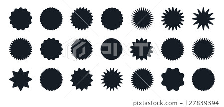 Sunburst shapes. Black sunburst stickers, discount offer price labels, zigzag edges sharp tags flat vector illustration set. Sunburst labels silhouettes collection Sunburst shapes. Black sunburst stickers, discount offer price labels, zigzag edges sharp tags flat vector illustration set. Sunburst labels silhouettes collection 127839394