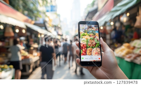 Hand holding smartphone displaying online food ordering app with blurred street food market in background, representing convenient e commerce experience Hand holding smartphone displaying online food ordering app with blurred street food market in background, representing convenient e commerce experience 127839478