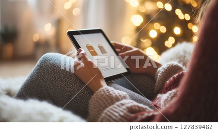 Woman relaxing on a cozy armchair is using a digital tablet making online purchases for christmas gifts, with a decorated christmas tree in the background 127839482