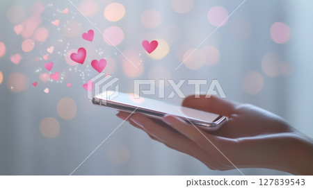 Woman is holding a smartphone with floating hearts emanating from the screen, representing social media engagement, likes, and online affection in a softly blurred background 127839543