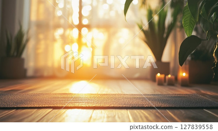 Yoga mat is placed on wooden floor in home interior with candles and plants at sunset, creating a peaceful atmosphere for meditation or relaxation Yoga mat is placed on wooden floor in home interior with candles and plants at sunset, creating a peaceful atmosphere for meditation or relaxation 127839558