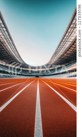 Red running track stretching towards a large, modern stadium under a clear blue sky, creating a powerful image of athletic aspiration and competition 127839596
