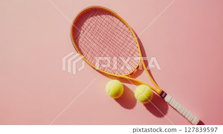 Yellow tennis racket and two balls casting a shadow on a vibrant pink surface, creating a dynamic composition ideal for sports related themes 127839597