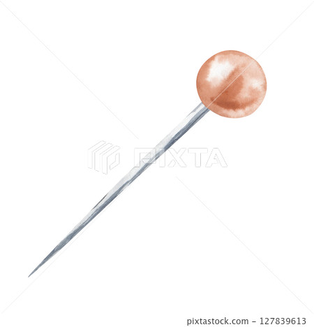 Watercolor illustration of a red sharp pin. Drawing of a seamstress's working tool on a white background. Accessories for sewing. Isolated. Clipart. 127839613