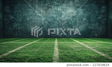 Empty playing field with vibrant green grass and a grunge wall backdrop creating a dramatic and atmospheric setting for sports concepts Empty playing field with vibrant green grass and a grunge wall backdrop creating a dramatic and atmospheric setting for sports concepts 127839634
