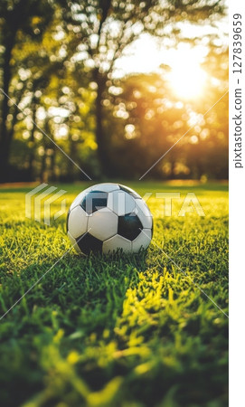Classic leather soccer ball sits on a vibrant green playing field, bathed in the warm glow of the setting sun, with blurred trees providing a tranquil backdrop 127839659