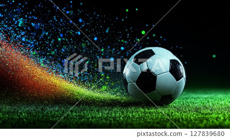 Wet soccer ball on vibrant green grass field leaving a colorful magical trail against a dark background, creating a dynamic and exciting sports scene 127839680