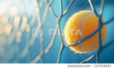 Vibrant yellow tennis ball hits the net on a sunny day, capturing the energy of a competitive match. The image evokes leisure and excitement, showcasing the thrill of athletic competition 127839681