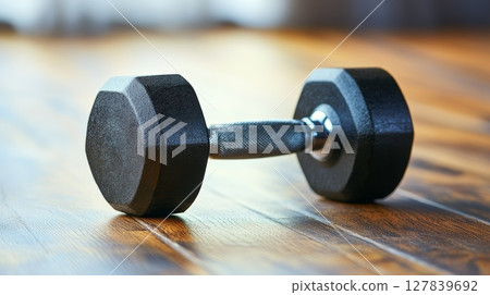 Lifting dumbbell on wooden floor for fitness. Dark weight contrasts with light background, inspiring activity and strength. Incorporate exercise for power and potential Lifting dumbbell on wooden floor for fitness. Dark weight contrasts with light background, inspiring activity and strength. Incorporate exercise for power and potential 127839692