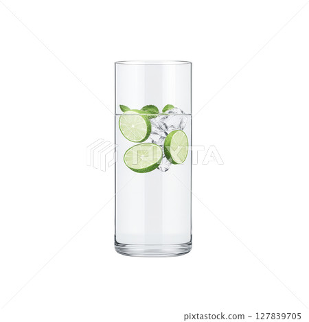 Tall glass filled with refreshing water, ice cubes, and lime slices, creating cool and invigorating drink. clear glass showcases vibrant green of lime against ice 127839705
