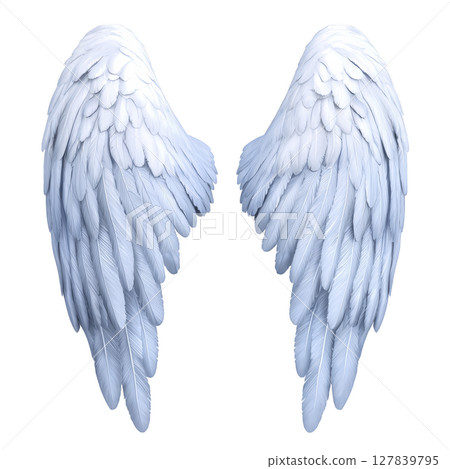 White angel wings with detailed feathers are depicted against transparent background, symbolizing purity and grace. wings are symmetrical and appear soft and ethereal 127839795