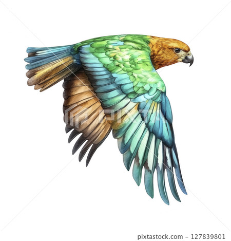 Vibrant parrot with green, blue, and orange feathers is captured in mid flight, showcasing its colorful plumage and dynamic movement against plain background 127839801