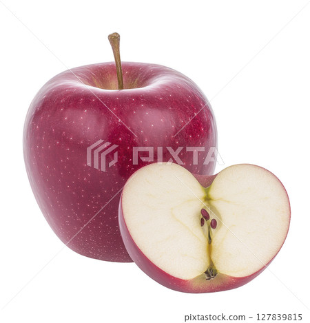 Whole red apple and sliced half reveal juicy interior, showcasing fresh and vibrant fruit. glossy skin and seeds are visible, highlighting its natural appeal Whole red apple and sliced half reveal juicy interior, showcasing fresh and vibrant fruit. glossy skin and seeds are visible, highlighting its natural appeal 127839815