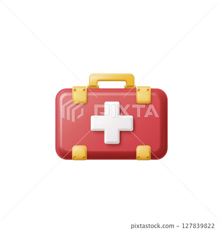 Red first aid kit with white cross symbol and yellow handle, representing emergency medical supplies. kit is designed for quick access in urgent situations 127839822