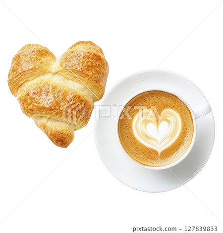 Heart shaped croissant and cup of coffee with heart latte art create delightful breakfast scene. golden pastry and creamy coffee evoke warmth and comfort Heart shaped croissant and cup of coffee with heart latte art create delightful breakfast scene. golden pastry and creamy coffee evoke warmth and comfort 127839833